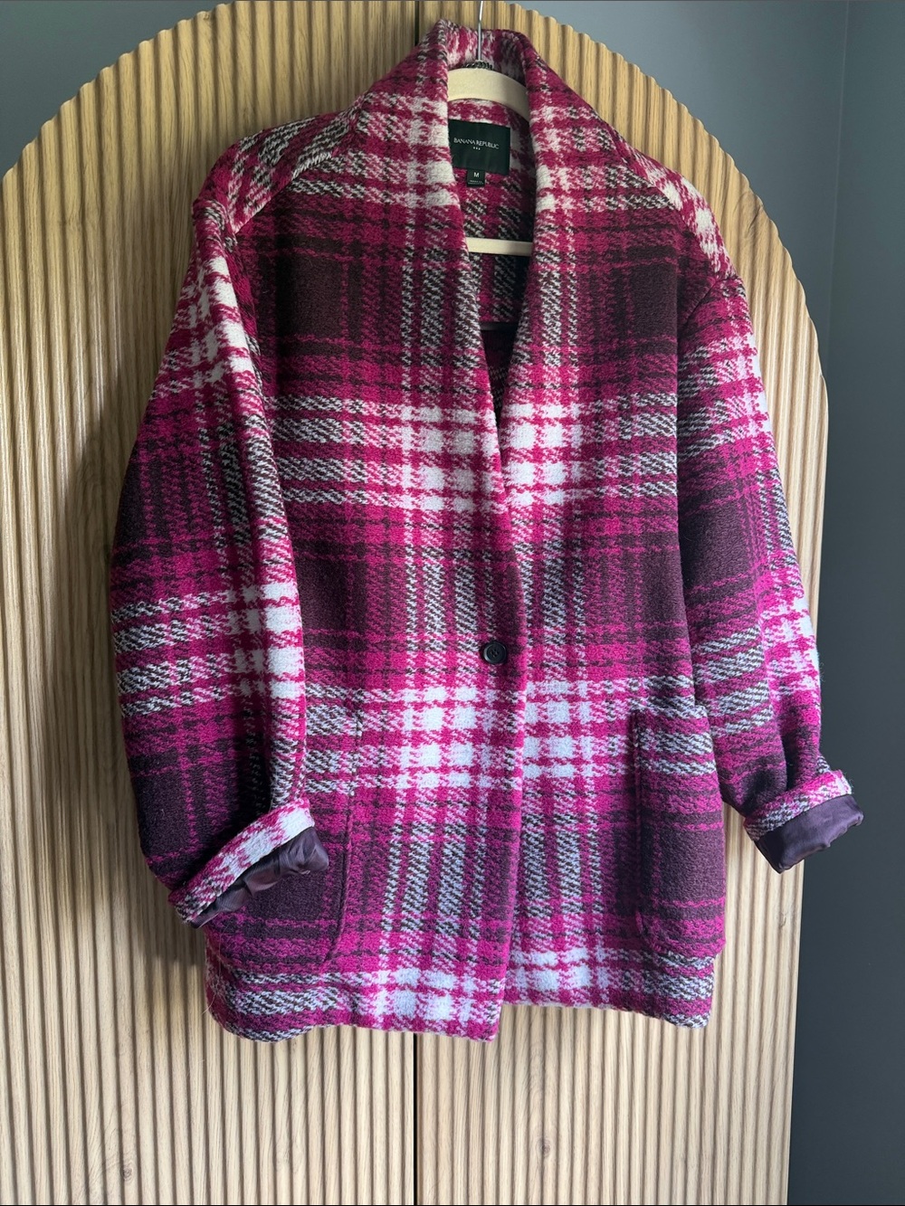 Banana Republic Fuchsia Plaid Shawl Collar Pea Coat - Knit Bouclé